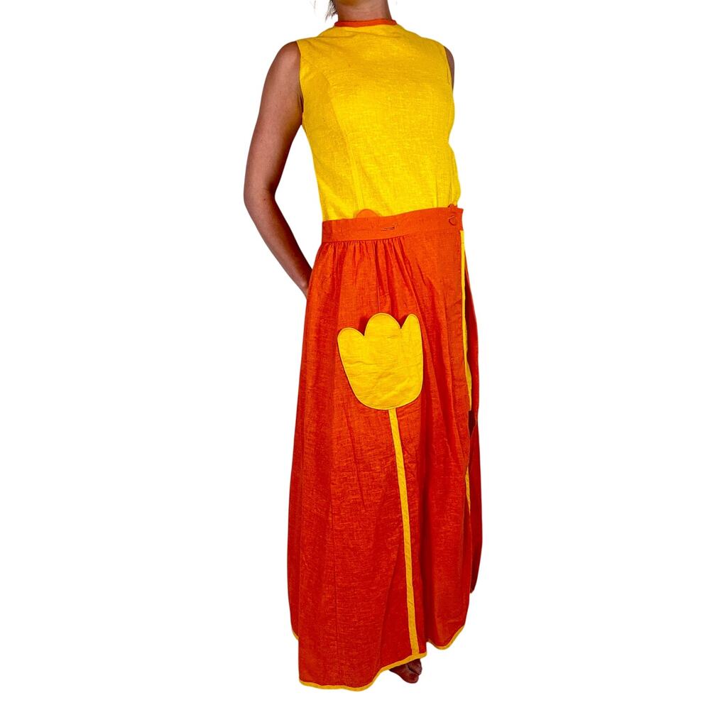 Vintage 1960s Mod Shift Dress Tear Away Skirt Set Yellow Orange Tulip Pockets - Picture 6 of 16